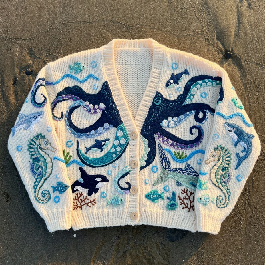 Children's sweater with ocean-themed design on a sandy surface