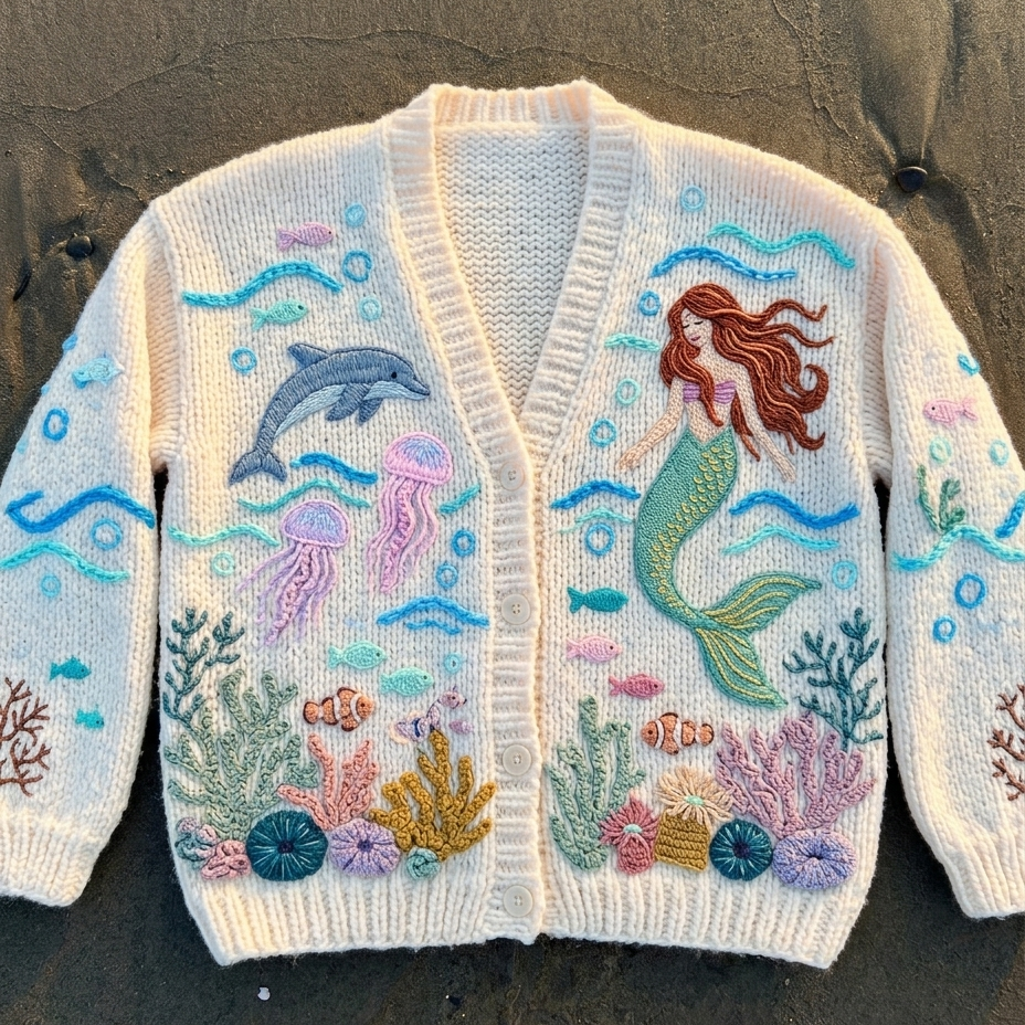 Knitted cardigan with mermaid and ocean creature design on a dark surface