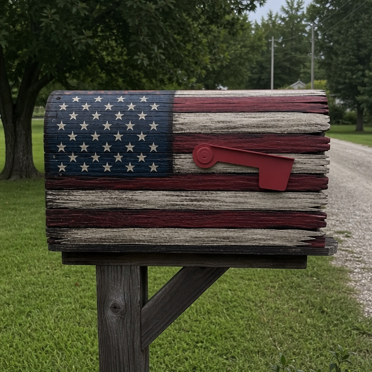 A rustic mailbox painted with a distressed American flag design, mounted on a wooden post in a grassy yard with trees and a gravel path in the background.