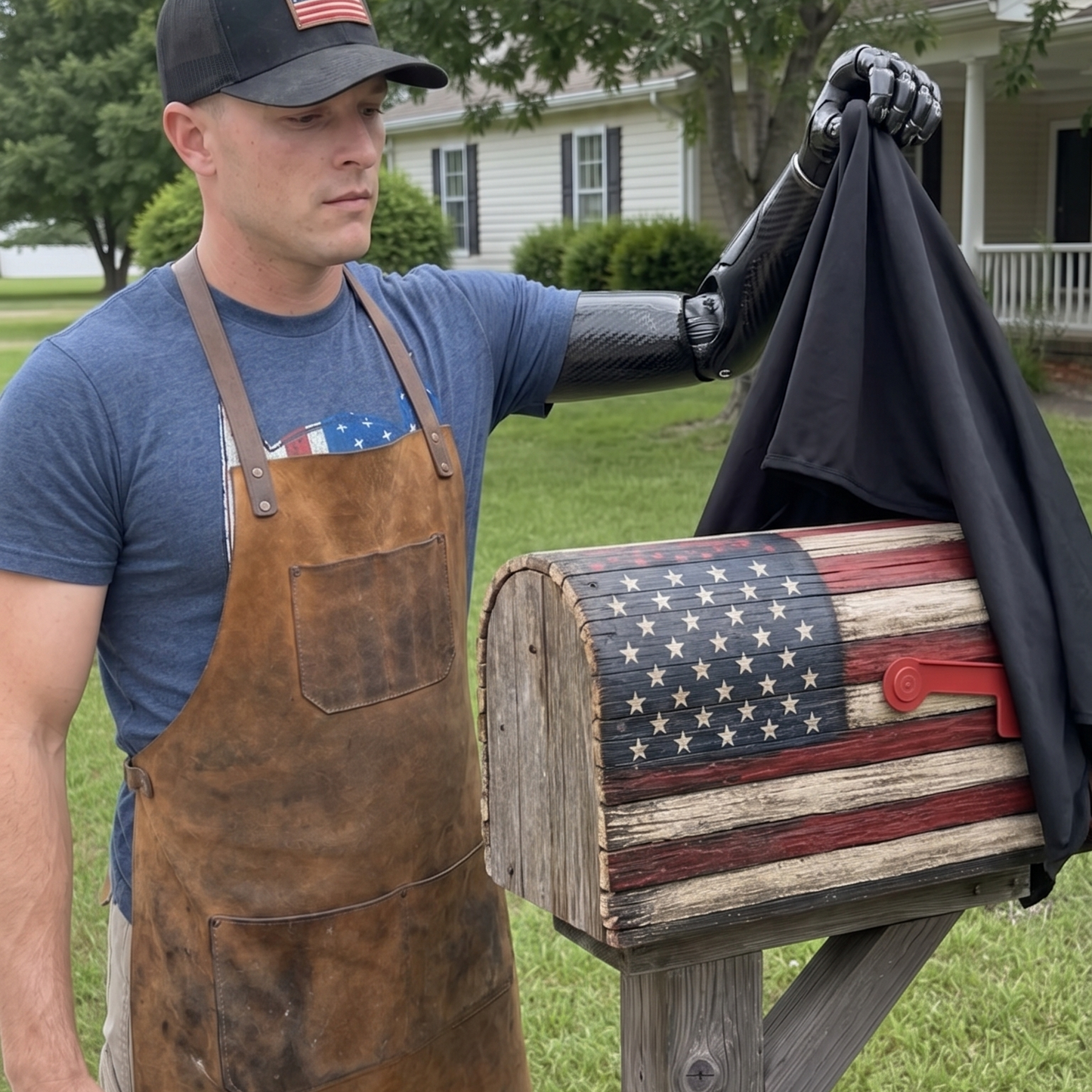 A man wearing a brown leather apron and a black baseball cap stands outdoors next to a wooden mailbox decorated with a distressed American flag pattern. He is holding a black cover draped over the mailbox lid.