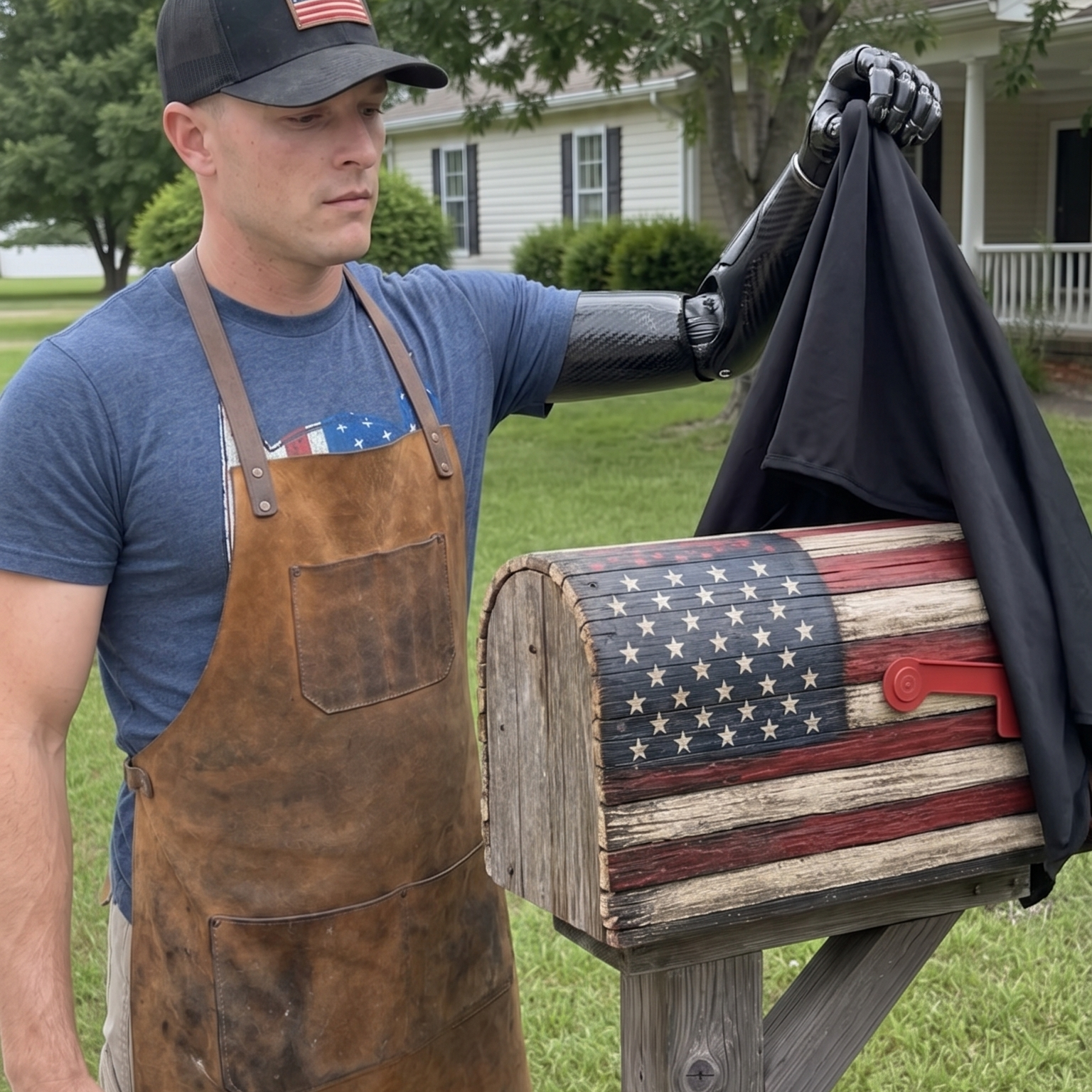 A man wearing a brown leather apron and a black baseball cap stands outdoors next to a wooden mailbox decorated with a distressed American flag pattern. He is holding a black cover draped over the mailbox lid.